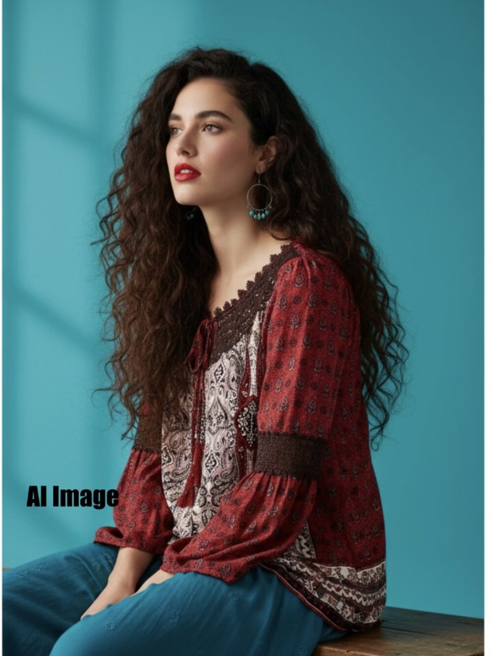 California Moonrise Boho Paisley Lace Blouse Red  Size XS